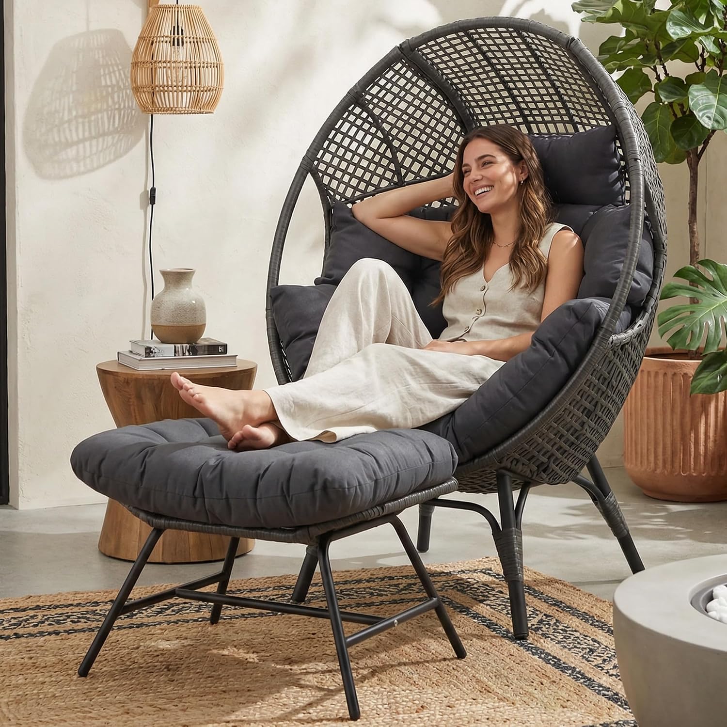 NICESOUL Patio Egg Chair with Ottoman, Big Oversized 440lbs Half-Egg Shape Chair w/Footstool, Comfortable Boho Rattan Lounger Chair w/Cushion for Reading, Living Room, Indoor, Exteriors, Porch,Gray