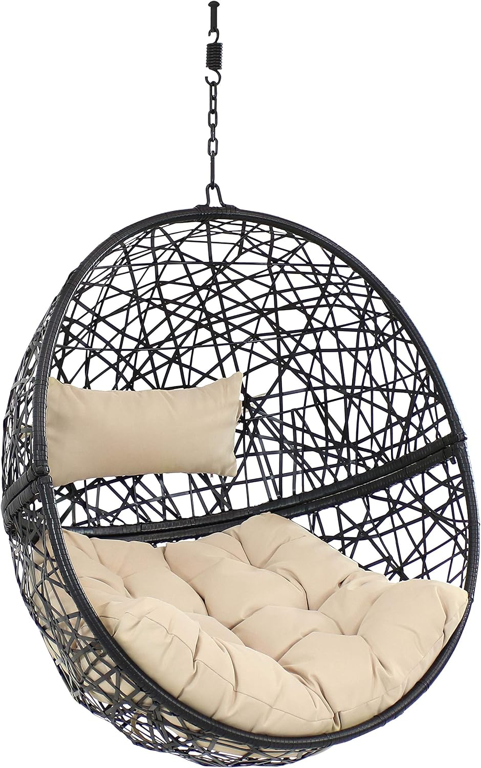 Sunnydaze Jackson Resin Wicker Hanging Egg Chair - 265-Pound Weight Capacity - Removable Cream Polyester Cushions