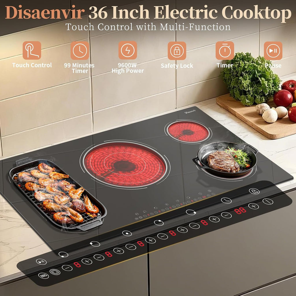 Electric Cooktop 36 Inch - 5 Burner Electric Stove Top Powerful 9600W, 36 Inches Built-in(34.25'x19.3') Ceramic Stove with Large 3900W Flexible Zone, Timer, Safety Lock, 220V Hard Wired