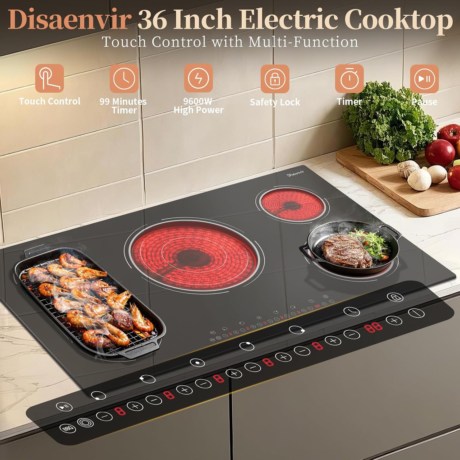 Electric Cooktop 36 Inch - 5 Burner Electric Stove Top Powerful 9600W, 36 Inches Built-in(34.25'x19.3') Ceramic Stove with Large 3900W Flexible Zone, Timer, Safety Lock, 220V Hard Wired