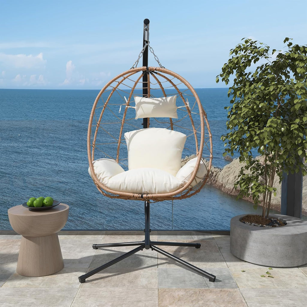 Hanging Egg Chair with Stand Indoor Swinging Chair Outdoor Hammock Egg Chair for Patio, Bedroom, Garden and Balcony (Milky White, Small)