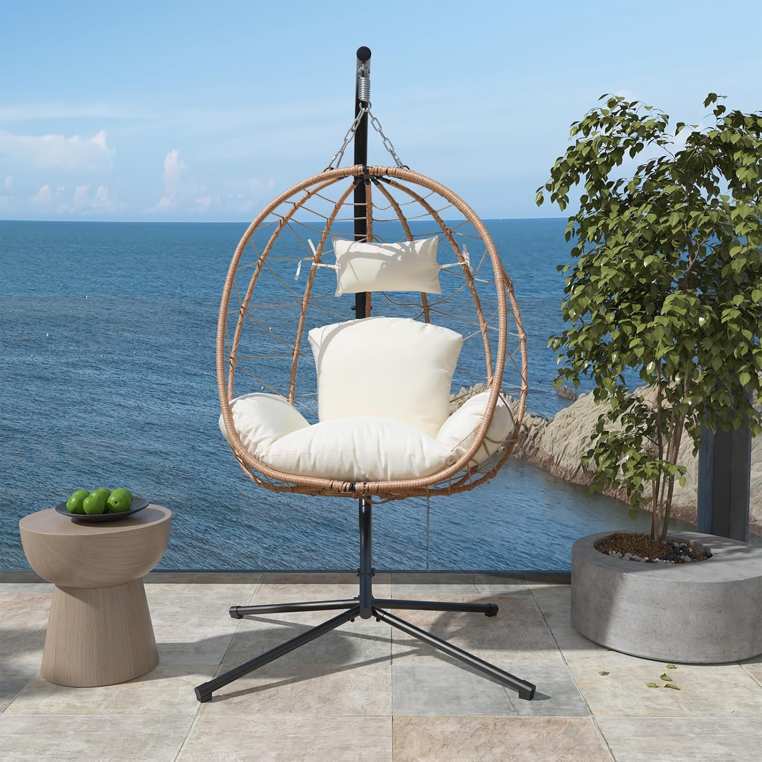 Hanging Egg Chair with Stand Indoor Swinging Chair Outdoor Hammock Egg Chair for Patio, Bedroom, Garden and Balcony (Milky White, Small)