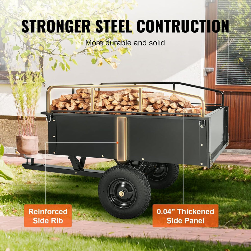 VEVOR Heavy Duty ATV Trailer Steel Dump Cart, 750 lbs 15 Cubic Feet, Garden Utility Trailer Yard Trailers with Removable Sides for Riding Lawn Mower Tractor