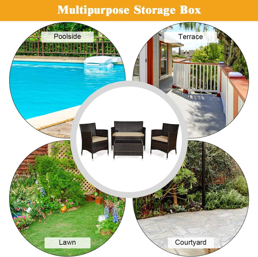 Goplus 4-Piece Rattan Patio Set, Outdoor/Indoor Wicker Conversation Set for Pool, Backyard, Lawn, Wicker Chairs and Sofa with Soft Cushion, Rattan Furniture with Tempered Glass Coffee Table
