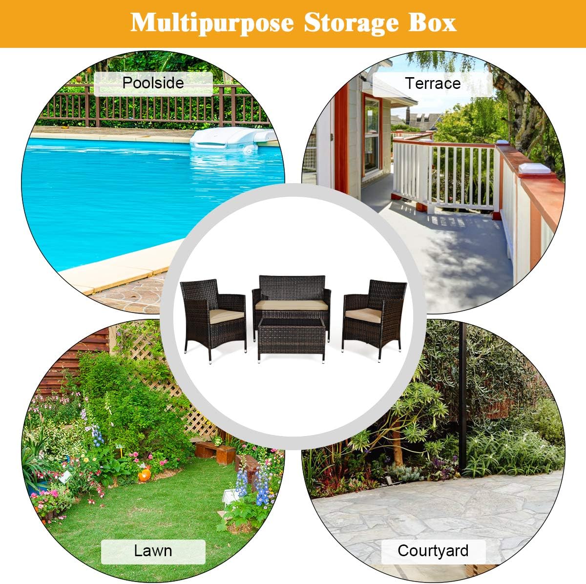 Goplus 4-Piece Rattan Patio Set, Outdoor/Indoor Wicker Conversation Set for Pool, Backyard, Lawn, Wicker Chairs and Sofa with Soft Cushion, Rattan Furniture with Tempered Glass Coffee Table