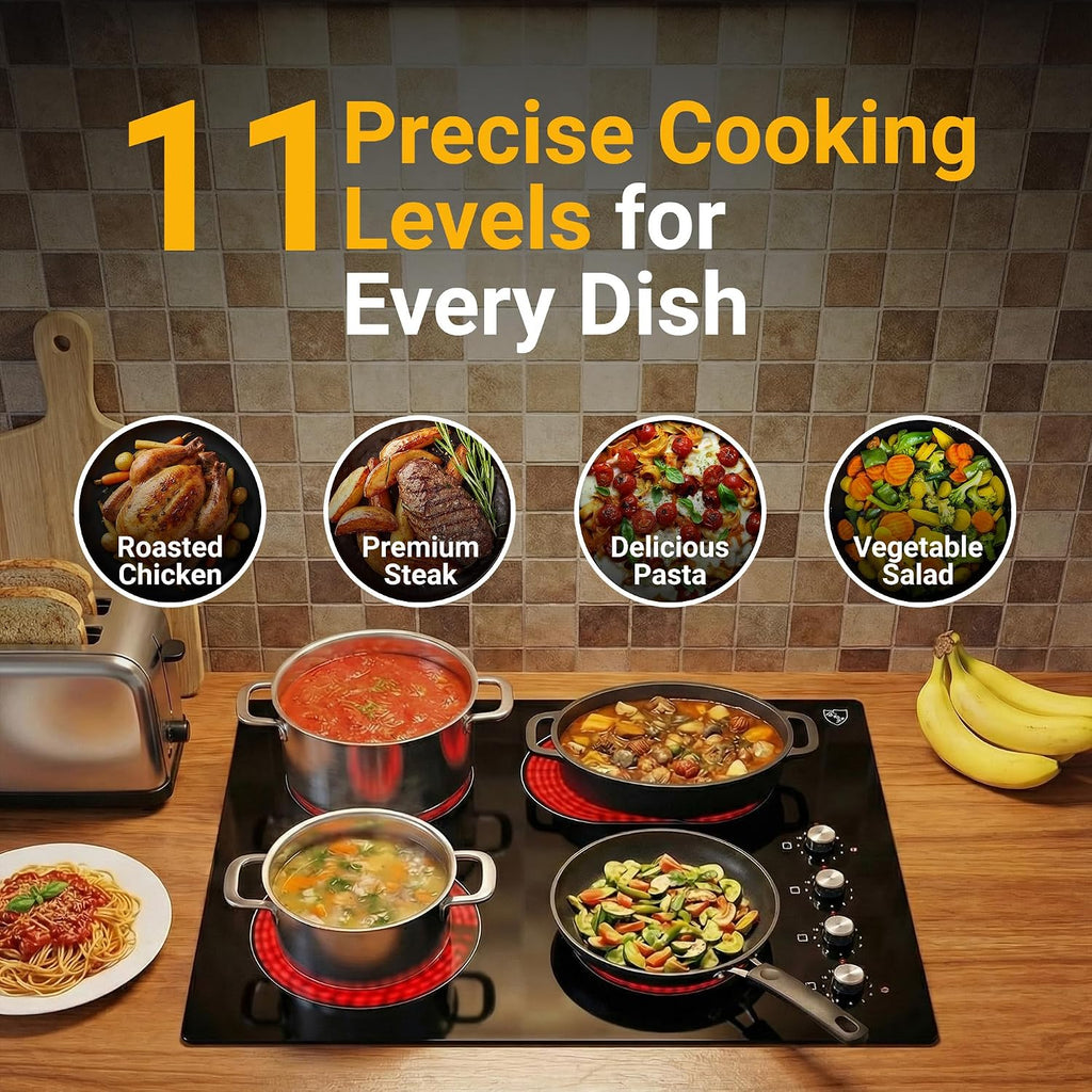 K&H 4 Burner Electric Cooktop - 30 Inch Built-In Radiant Ceramic Stove Top with 11 Power Levels & Knob Control, Compatible with All Cookware, 240V, 7200W High-Power Built-in Electric Stove, CE30-7206K