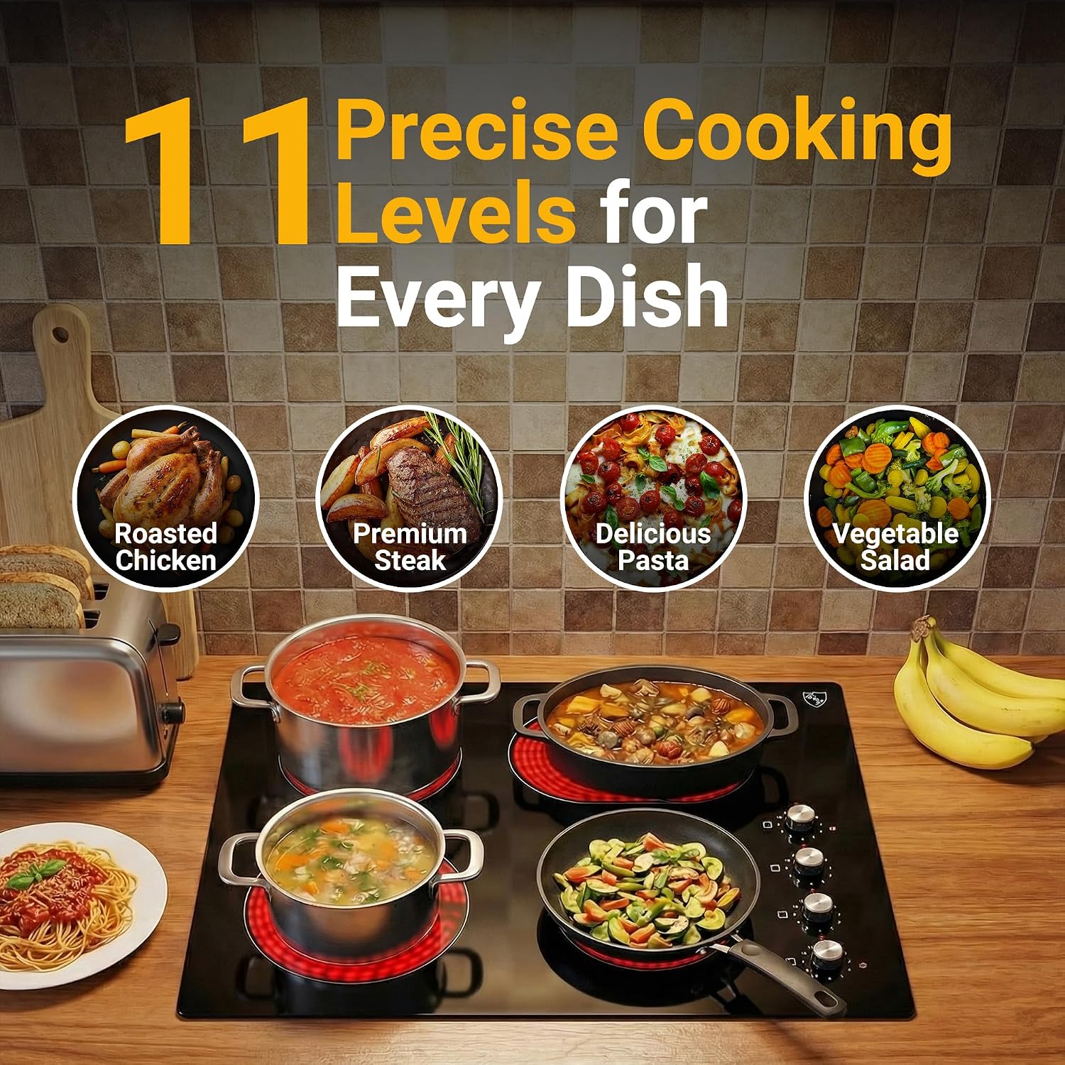 K&H 4 Burner Electric Cooktop - 30 Inch Built-In Radiant Ceramic Stove Top with 11 Power Levels & Knob Control, Compatible with All Cookware, 240V, 7200W High-Power Built-in Electric Stove, CE30-7206K