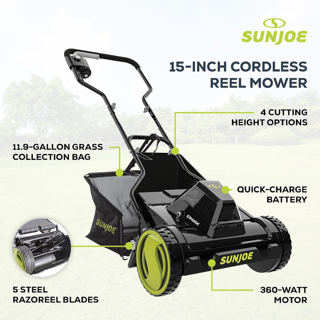 Sun Joe Cordless Electric Push Lawn Mower with 11.9-Gal Bag, 15-Inch Cutting Width, 360W Motor - Heavy-Duty Yard Trimmer for Gardening Care and Maintenance, IONMAX 24V-CRLM15