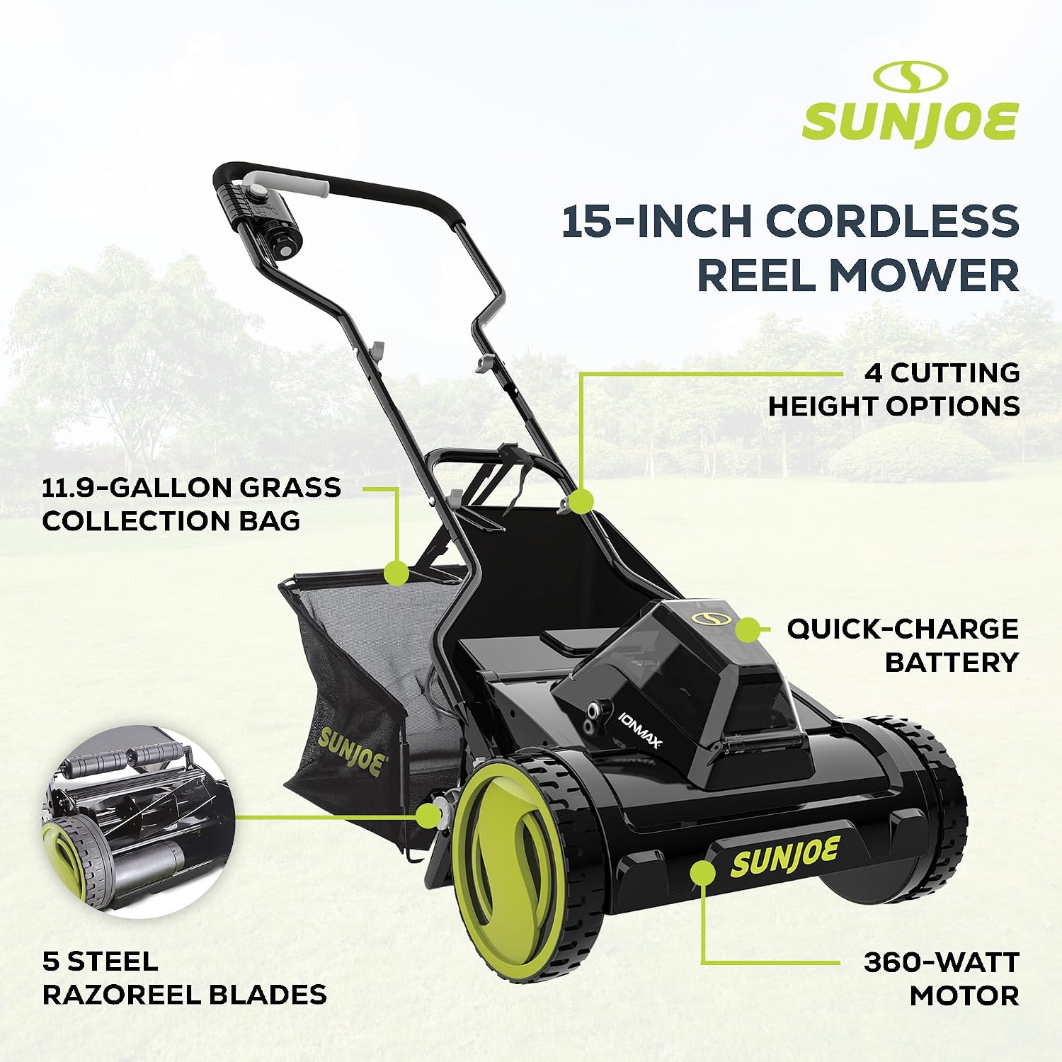 Sun Joe Cordless Electric Push Lawn Mower with 11.9-Gal Bag, 15-Inch Cutting Width, 360W Motor - Heavy-Duty Yard Trimmer for Gardening Care and Maintenance, IONMAX 24V-CRLM15
