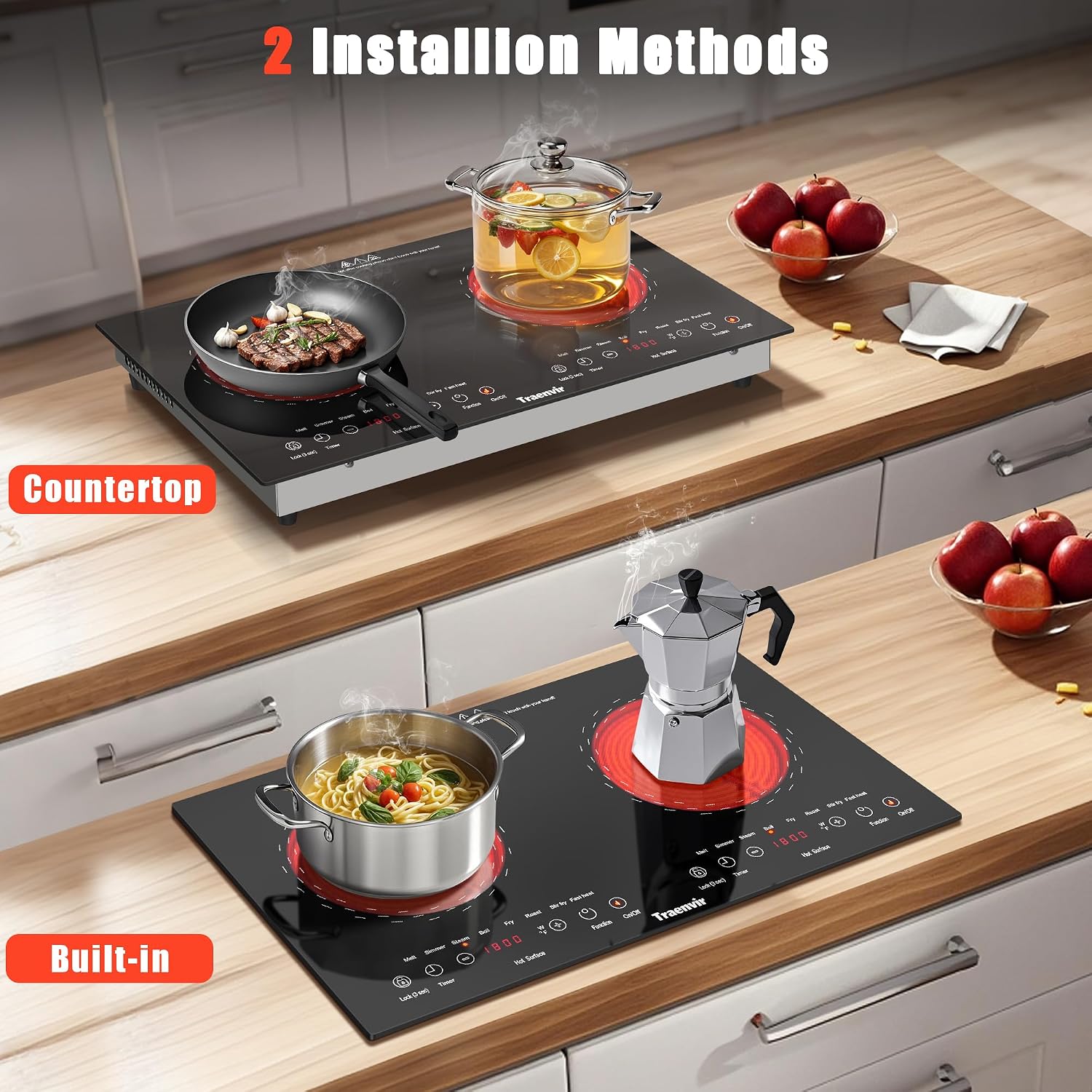 2 Burner Electric Cooktop, 24 Inch Countertop & Built-in Electric Stove 2000W, Portable Double Burner Ceramic Cooktop, Child Safety Lock, Timer, 8 Power Levels, 110V-120V Plug in
