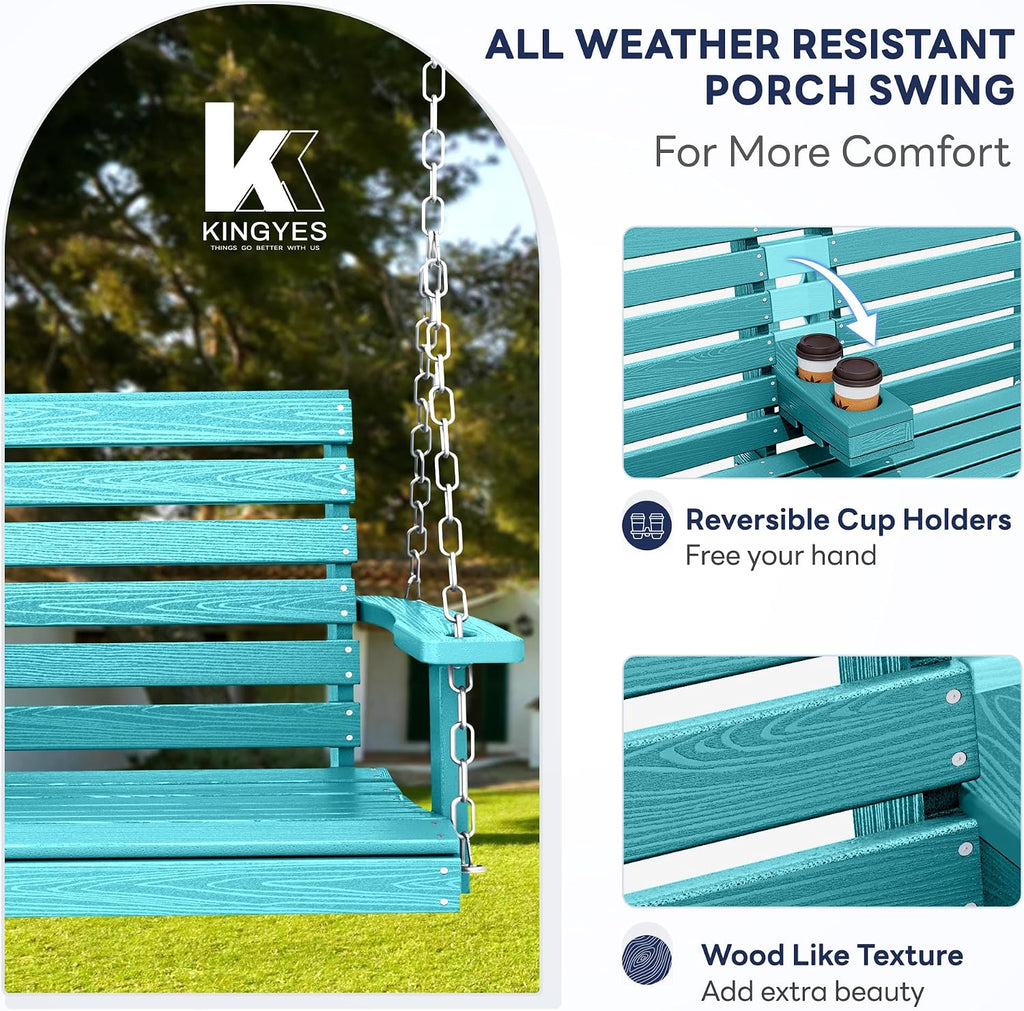 KINGYES Outdoor Hanging Porch Swing, 2 Seat Patio Swing Chair with Cup Holders, Waterproof Swing Chair Bench for Courtyard & Garden, 660LBS Weight Capacity, Aruba Blue