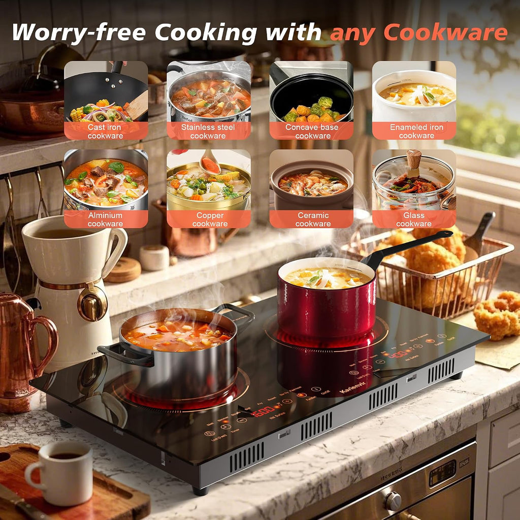 2 Burner Electric Cooktop 110v, 24 Inch Electric Stove Countertop & Built-in, Plug-in Electrics Cooktop, 8 Power Levels & 8 Functions, Touch Control, Safety Lock, Timer, 2000W, Orange