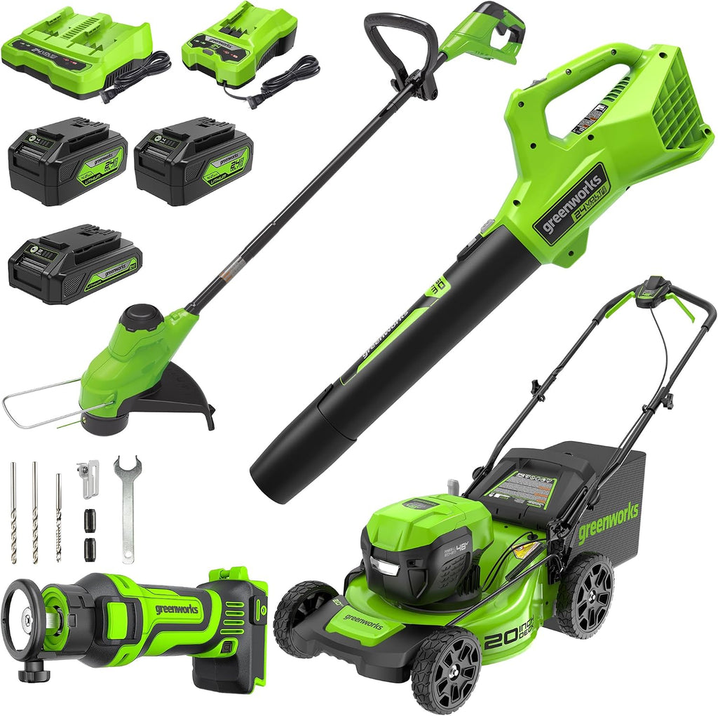 Greenworks 48V (24V x 2) Lawn Mower Combo - 20' Push Mower, 12' String Trimmer, 320 CFM Leaf Blower + 24V Cordless Speed Saw - Ideal for Yard & Indoor