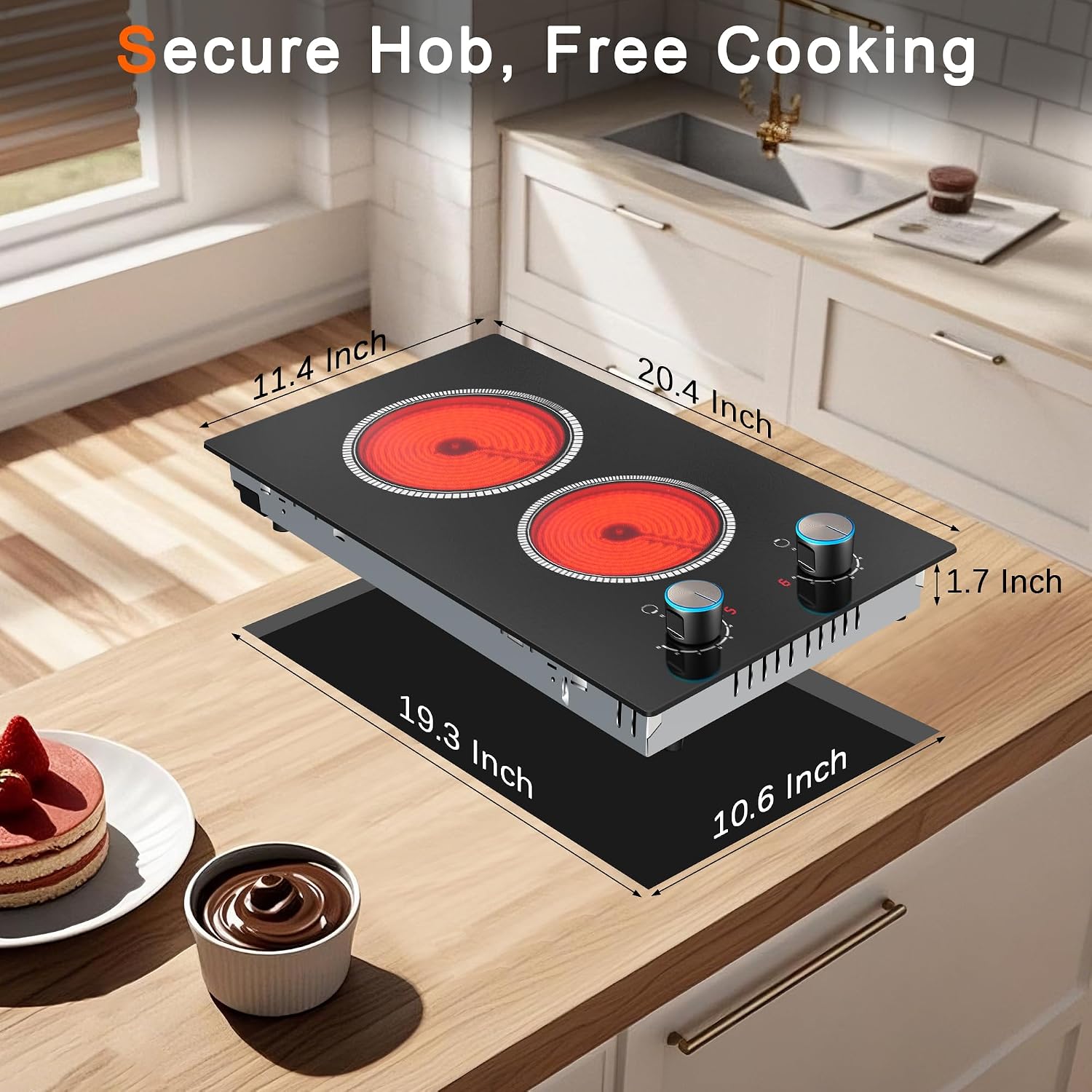 2 Burner Electric Cooktop 120V, 12 Inch Stove Top Burner 2000W, Double Burner Electric Stove with Knob Control, 9-Level Heat, Overheat Protection, High-Temp Alarm, 120V UL Plug