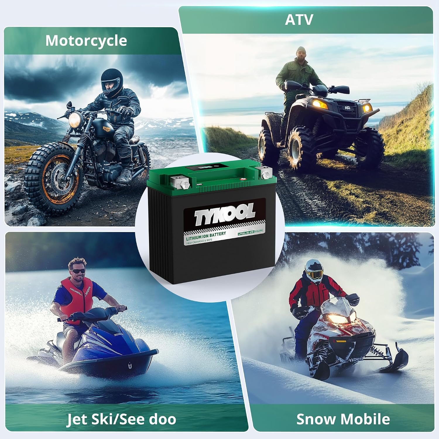 TYKOOL LFP20L-BS-STD Lithium Battery, Replaces YTX20L-BS, 480CCA 8Ah Fits for ATV UTV Motorcycle PWC Snowmobile, Compatible with Polaris Sportsman 570 Ranger 500 Honda TRX680, Digital Readout [- +]