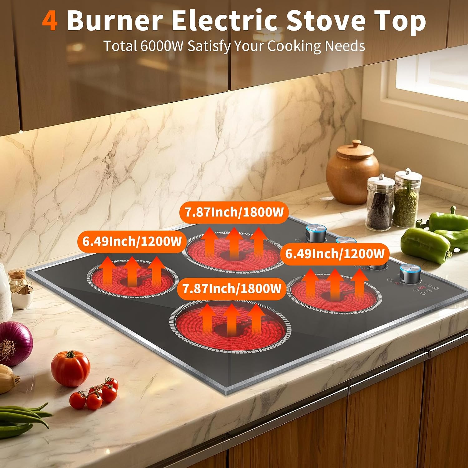 4 Burner Electric Cooktop, 24 Inch Electric Stove 6000W, 220V-240V Built-in Ceramic Stovetop with Knob Control, Child Lock, Timer Control, Residual Heat Indicator, Hard Wire(No Plug)
