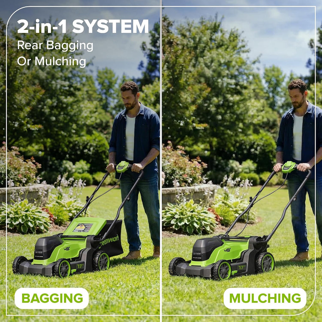 Greenworks 48V (24V x 2) 17' Brushless Push Mower + 270 CFM/130MPH Blower + 12' String Trimmer Combo with (2) 4.0Ah Batteries, 65W Type-C Charger & (2) 3-ft Cables