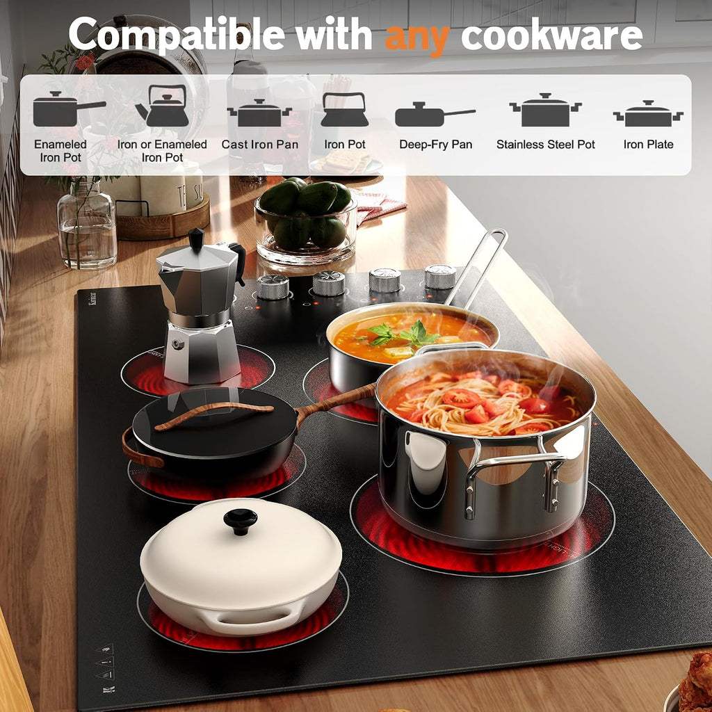 Karinear 36' Electric Cooktop 5 Burners, Knob Control Electric Stove Top, 9 Power Levels, Residual Heat Indicator, 8400W, 40A, 240V Hardwire(Sliver)