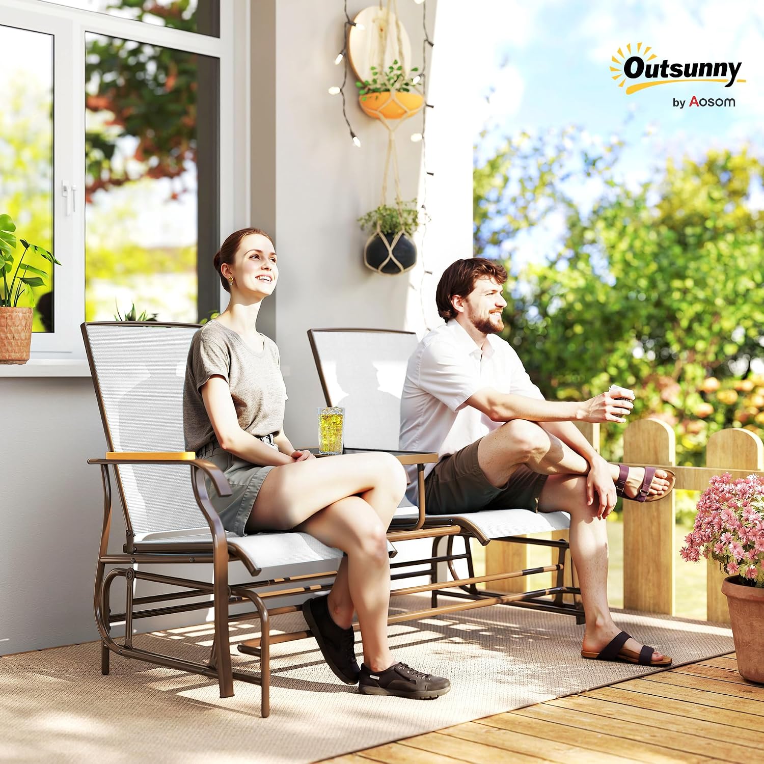 Outsunny 2 Person Outdoor Glider Bench, Patio Swing Glider Chair Loveseat with Breathable Mesh, Table, Steel Frame for Garden, Backyard, Porch, Cream White