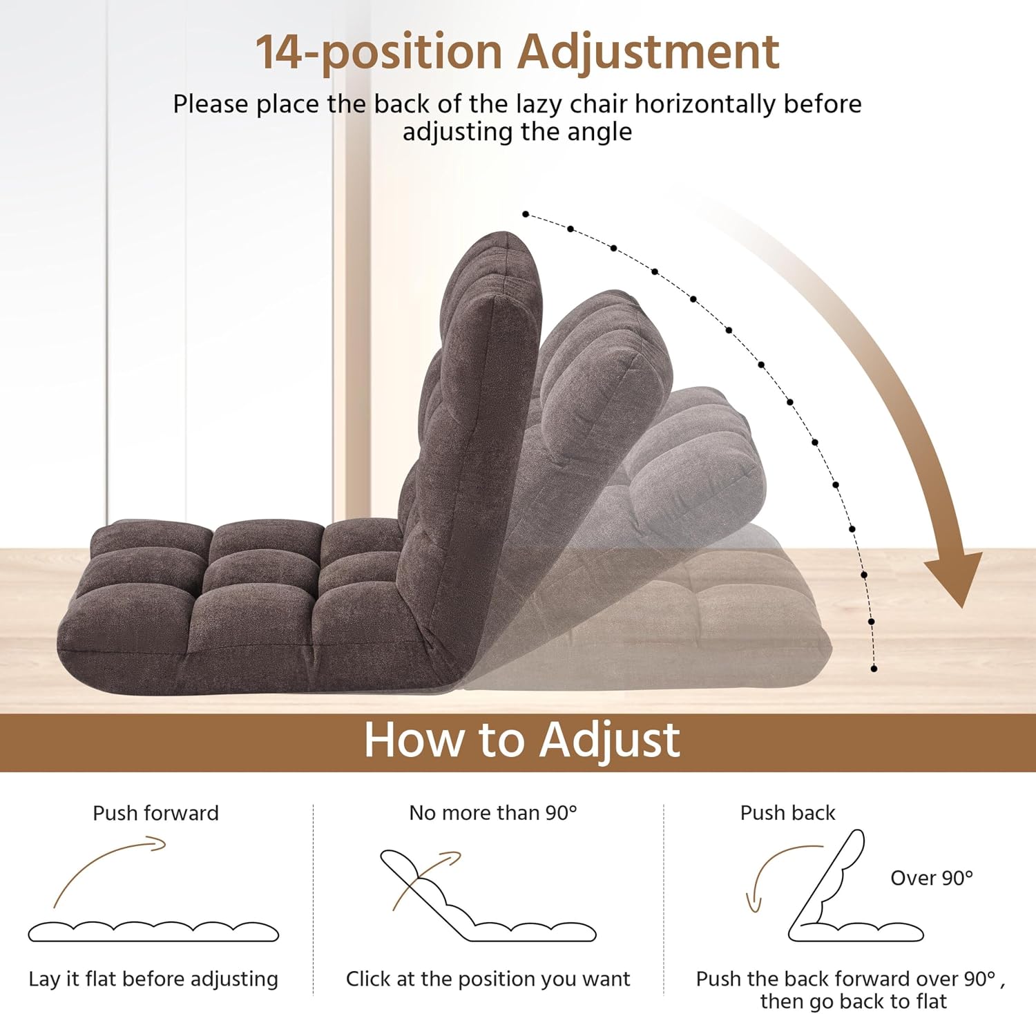 Yaheetech Floor Folding Chair with Back Support, Padded Folding Gaming Sofa Chair with 14 Adjustable Backrest, Adults Couch Recliner, Floor Seating Lounge Chair, Armless Meditation Chair, Brown, 2PCS