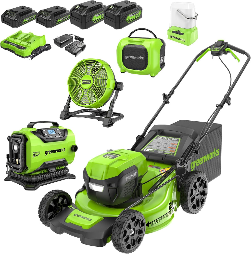 Greenworks 48V (2x24V) 21' Brushless Self-Propelled Mower,500 Lumen Lantern,Fan,Mini Bluetooth Speaker,Inflator,Combo Kit,(2) 5Ah &(2) 2Ah Battery &2 Charger