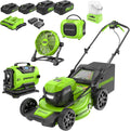 Greenworks 48V (2x24V) 21' Brushless Self-Propelled Mower,500 Lumen Lantern,Fan,Mini Bluetooth Speaker,Inflator,Combo Kit,(2) 5Ah &(2) 2Ah Battery &2 Charger