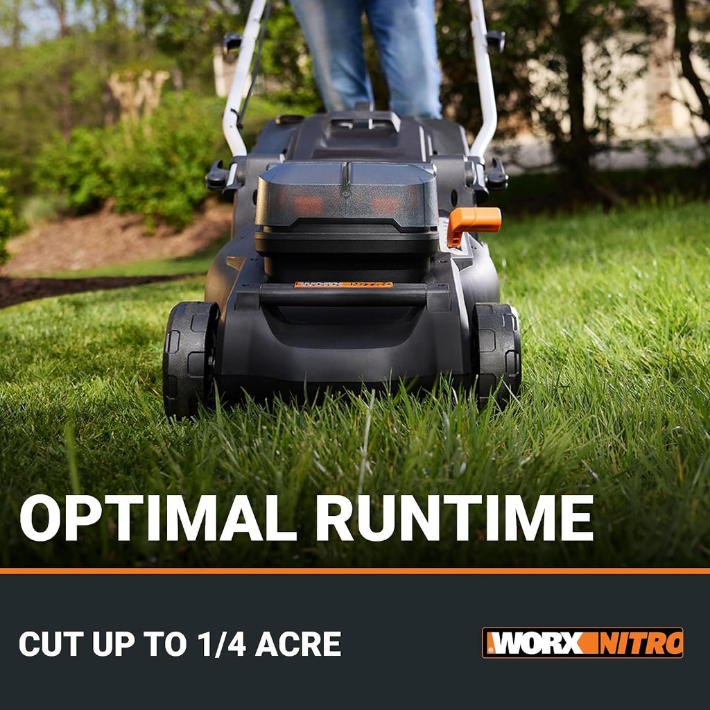 WORX Nitro 16' Cordless Lawn Mower, 2 in 1 Electric Mower with with Brushless Motor, Lightweight Push Lawn Mower for 1/4 Acre, 2 Batteries & Charger Included, WG737