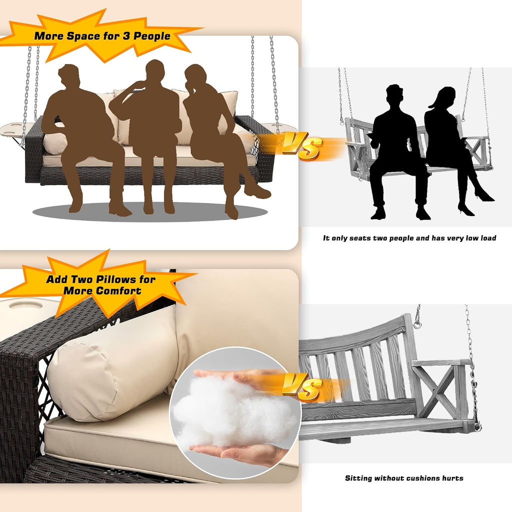 Grepatio 3 Person Porch Swing Patio Wicker Hanging Porch Swing Chair Outdoor Rattan Swing Bench with Cushion and Pillow for Garden, Yard, Lawn (Brown Rattan Khaki Cushion)