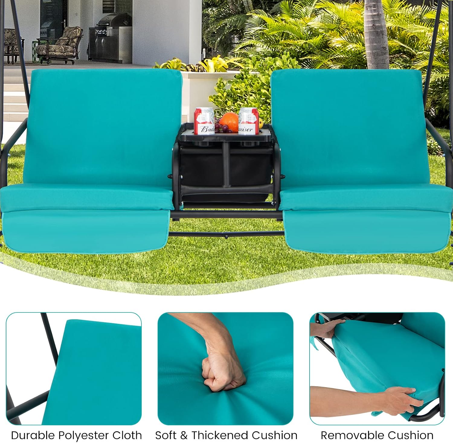 Tangkula 2 Person Porch Swing, Pivot Storage Table, Cooler Bag, 2 Cup Holders, Removable Cushions, Outdoor Patio Swing with Canopy for Backyard Balcony Poolside (Turquoise)