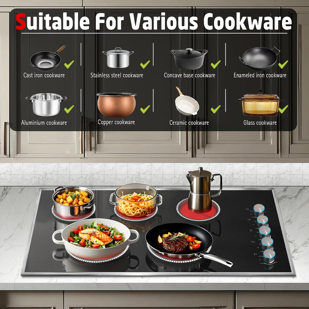 36 Inch Electric Cooktop, 5 Burner Electric Stove Top 8400W, 36' Ceramic Stove with Knob Control, Over-Temperature Protection, Dual Ring Zone, 220-240V Hard Wired (No Plug)
