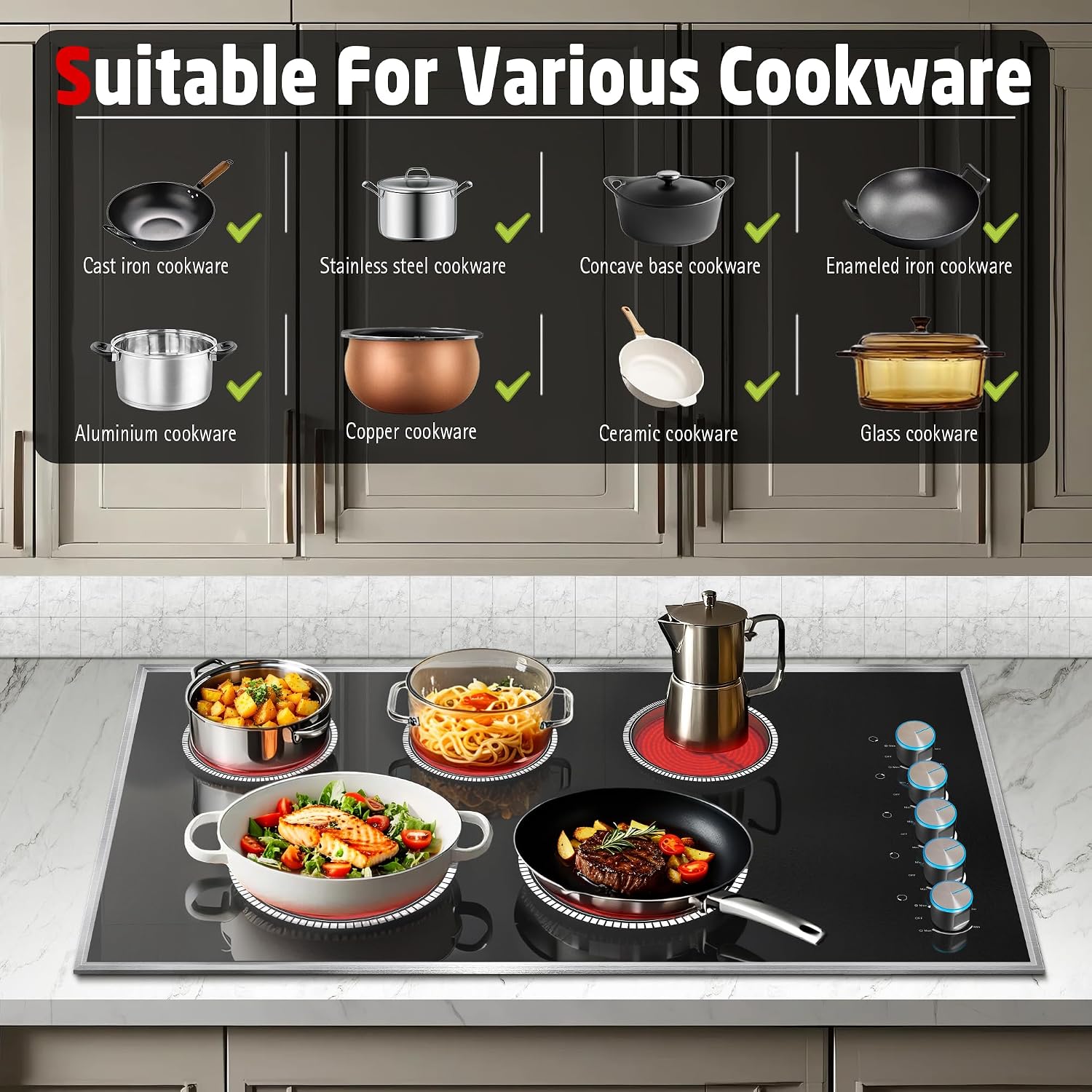 36 Inch Electric Cooktop, 5 Burner Electric Stove Top 8400W, 36' Ceramic Stove with Knob Control, Over-Temperature Protection, Dual Ring Zone, 220-240V Hard Wired (No Plug)