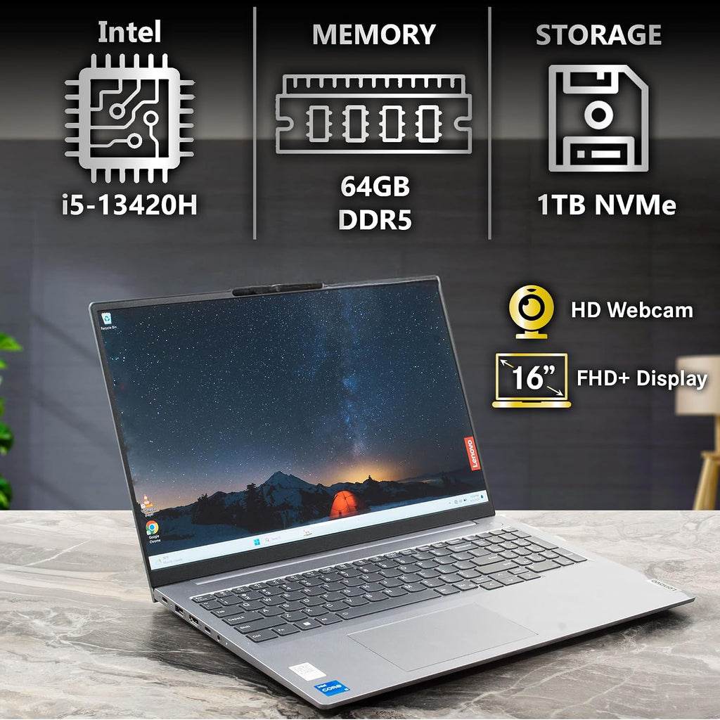 Lenovo ThinkBook 16 Business Laptop, 16' FHD+ Anti-Glare Display, Intel 8-Core i5-13420H, 64GB DDR5 RAM, 1TB NVMe, WiFi 6 + BT, RJ-45, HDMI, HD Webcam, Win 11 Pro