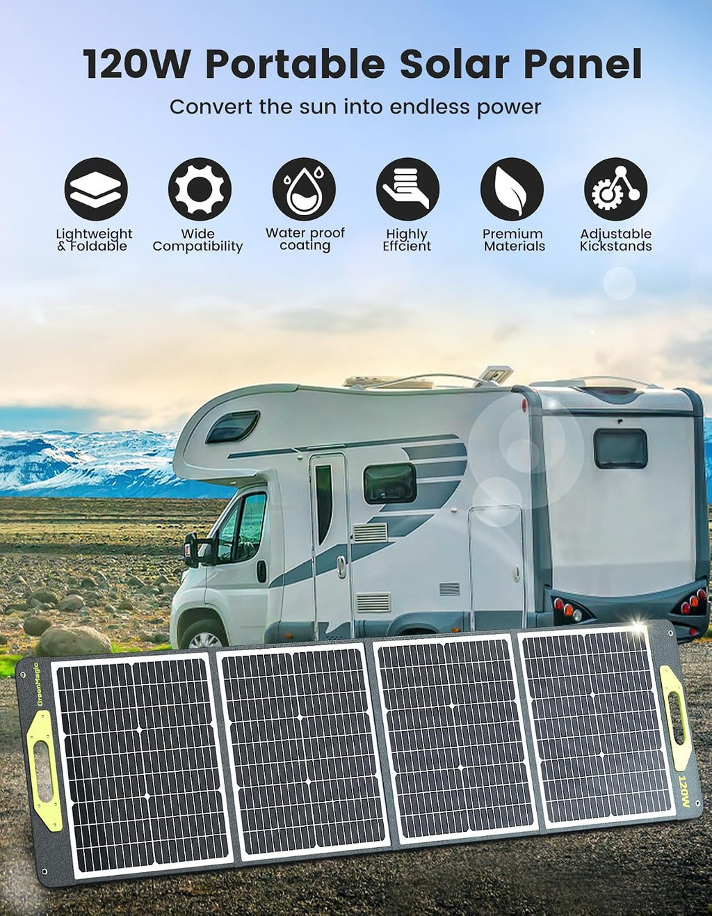 Greenmagic 120 Watt Portable Solar Panel, Foldable 120W Solar Panel Charger 19V for Power Station Outdoor Camping RV Home IP67 Waterproof with an Adjustable Kickstand Case High 23% Efficiency