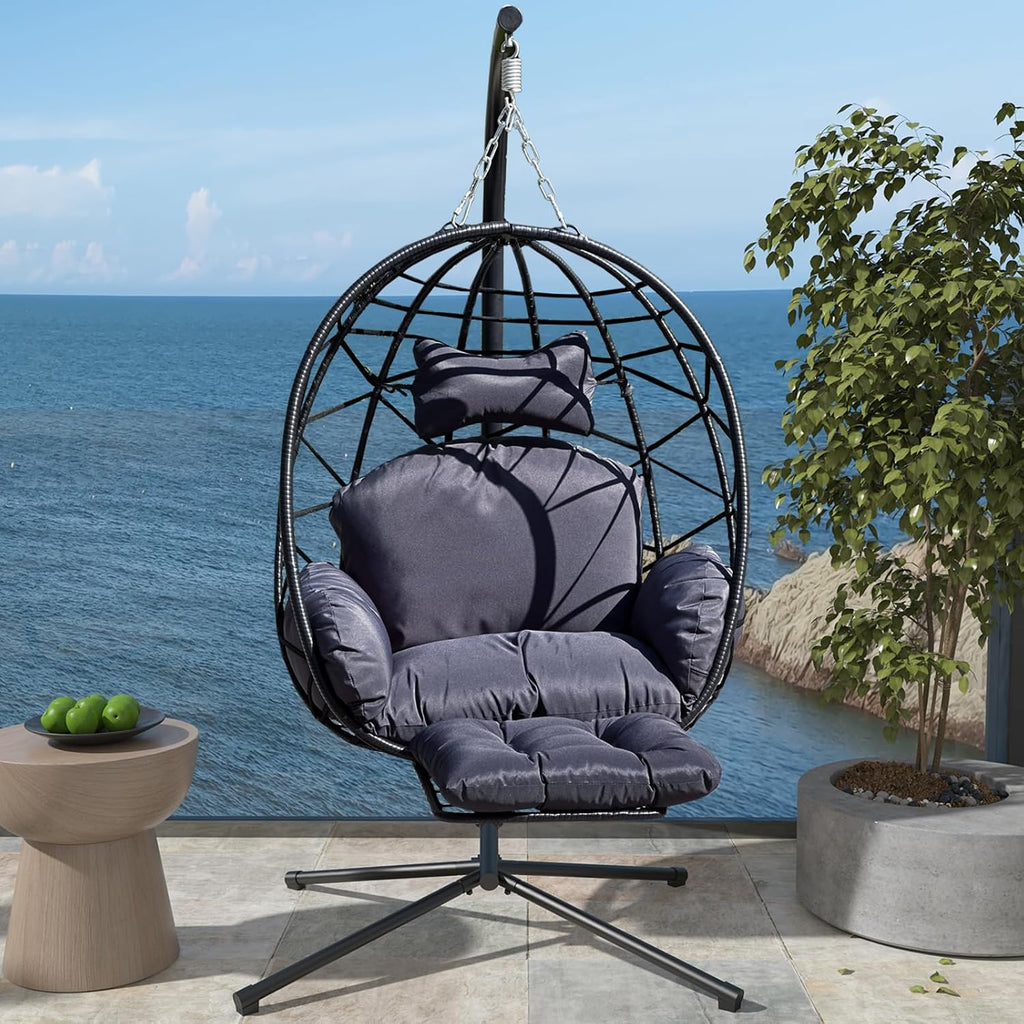 Hanging Egg Chair with Leg Rest, Indoor/Outdoor Swing Egg Chair Hammock Basket Seat Chair with Cushion for Porch Balcony Garden Patio (Ribbon+Rattan, Black+Dark Grey)