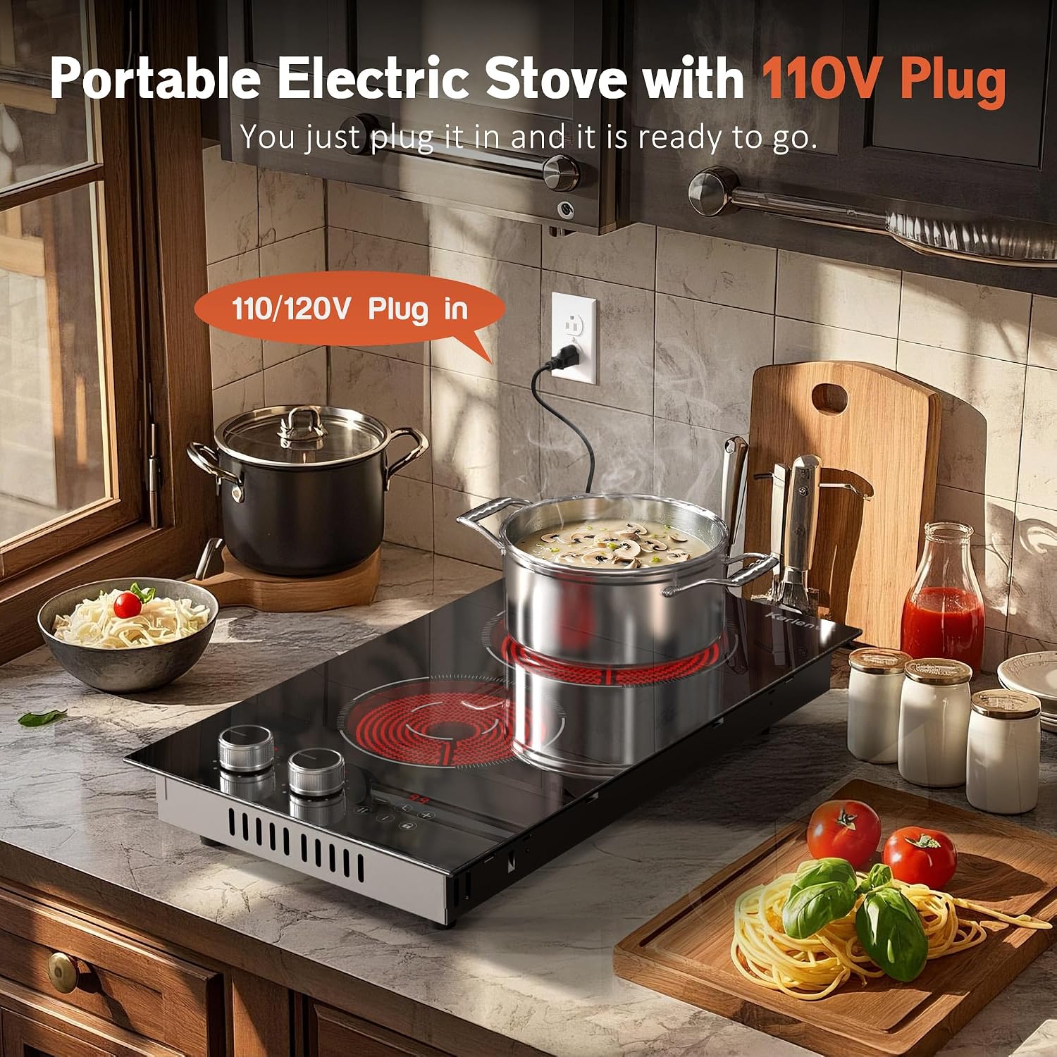 2 Burner Electric Cooktop 110V with Plug Karienvir, 2000W Electric Stove Knob & Touch Control, 12 Inch Stove Top Bunrer, 9 Power Levels, Safety Lock, Timer, Pause Function