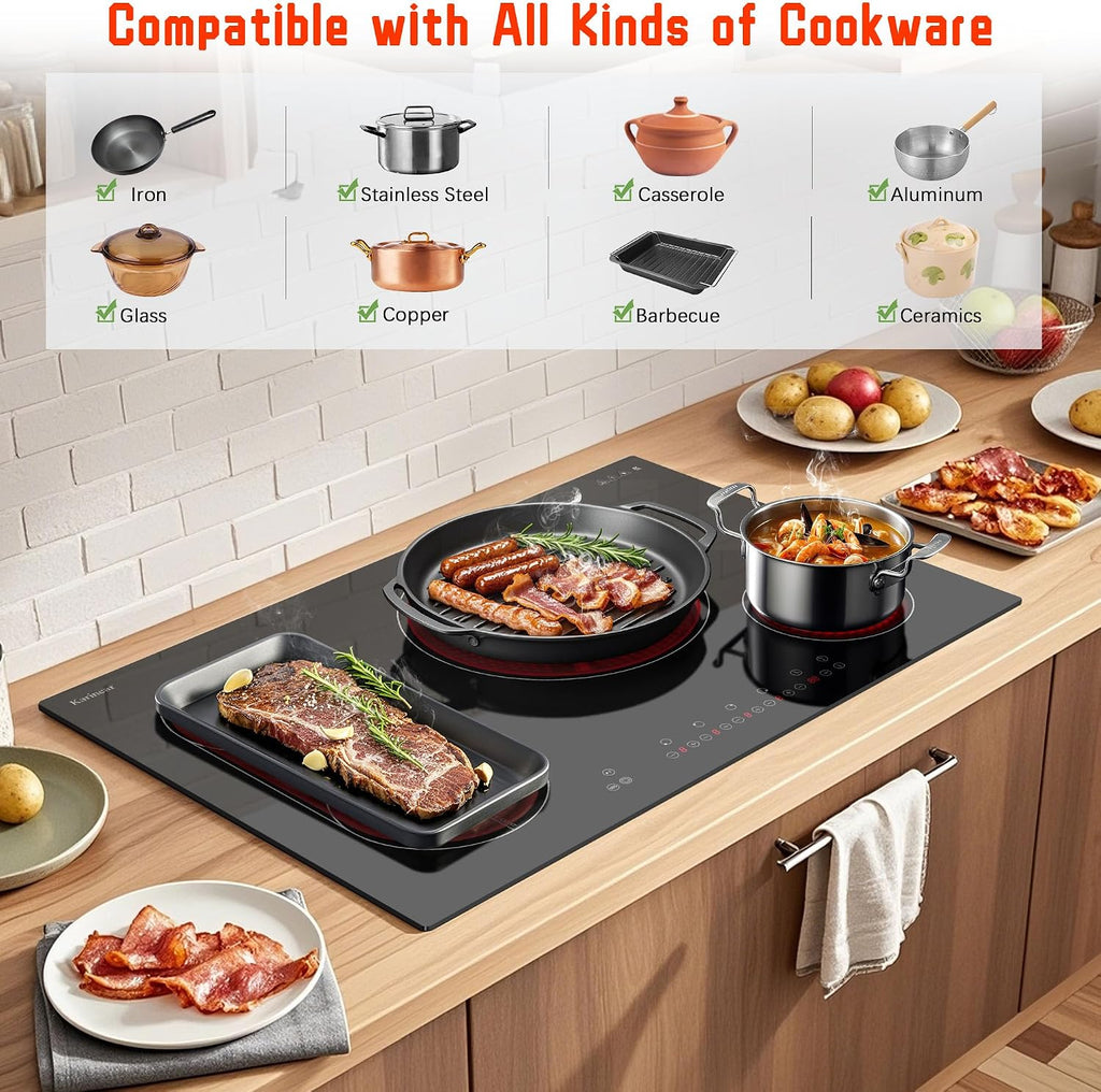 Karinear Electric Cooktop 30 Inch, 4 Burners Electric Stove Top, Flexible Bridge &Triple Ring Expandable Burners, Pause, Timer, Child Safety Lock, 7800W Built-in Ceramic Cooktop for 220-240V Hard Wire