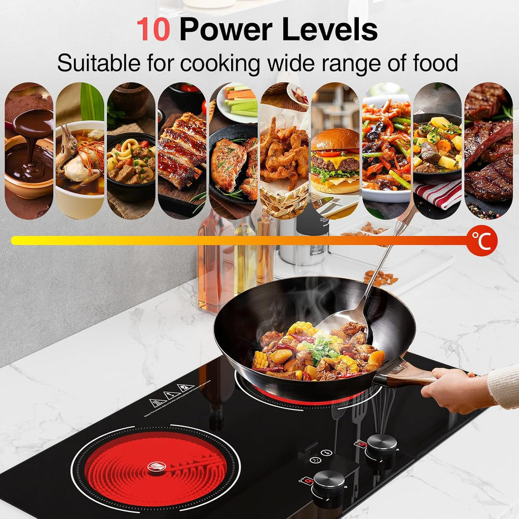 4000W Electric Cooktop: 24' Electric Stove 2 Burner Hot Plate Double Burner, Knob Control Countertop & Built-in, 9 Power Levels, Child Lock, Timer, Suitable for All Pans
