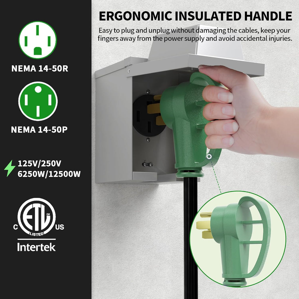 POWGRN NEMA 14-50P to NEMA 14-50R 50 Amp RV/EV Extension Cord 50 FT Outdoor with Grip Handle, Flexible Heavy Duty RV Power Cord Waterproof, 50A 125/250V 6250/12500W STW, Black-Green, ETL Listed