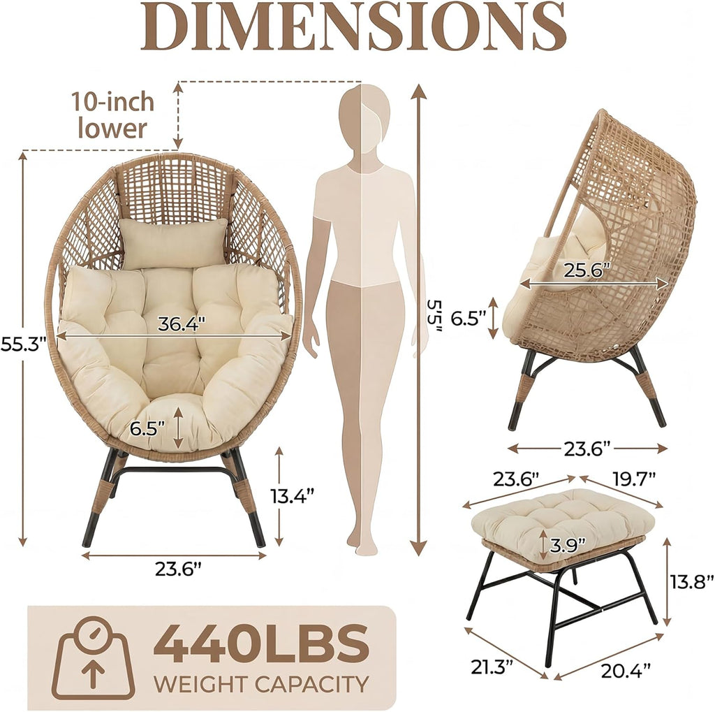 NICESOUL Indoor Outdoor Egg Chair with Ottoman, Comfy Thick Cushioned Egg-Basket Lounge Chair w/Footrest, 440lbs Eggshell Chairs with Foot Rest, Boho Chair for Patio, Balcony, Bedroom, Sunroom, Beige