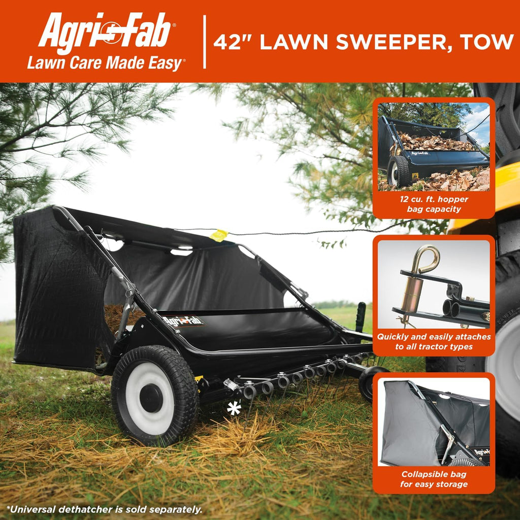 Agri-Fab 45-0320 42' Tow-Behind Lawn Sweeper, 12 cu. ft Hopper Bag Capacity; Leaf & Grass Catcher, with Adjustable Brush Height and Easy to Use Dumping Rope