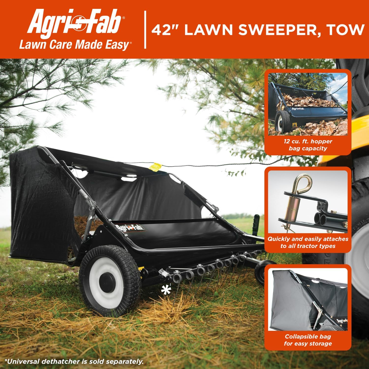 Agri-Fab 45-0320 42' Tow-Behind Lawn Sweeper, 12 cu. ft Hopper Bag Capacity; Leaf & Grass Catcher, with Adjustable Brush Height and Easy to Use Dumping Rope