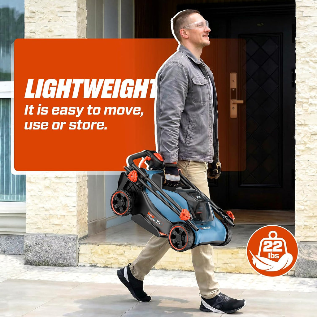 SENIX 20V 13' Cordless Lawn Mower, 2-in-1 Electric Push Mower 4.0Ah Battery & Charger, Bagging, Mulching, 5 Position Height Adjustment, for Garden Yard