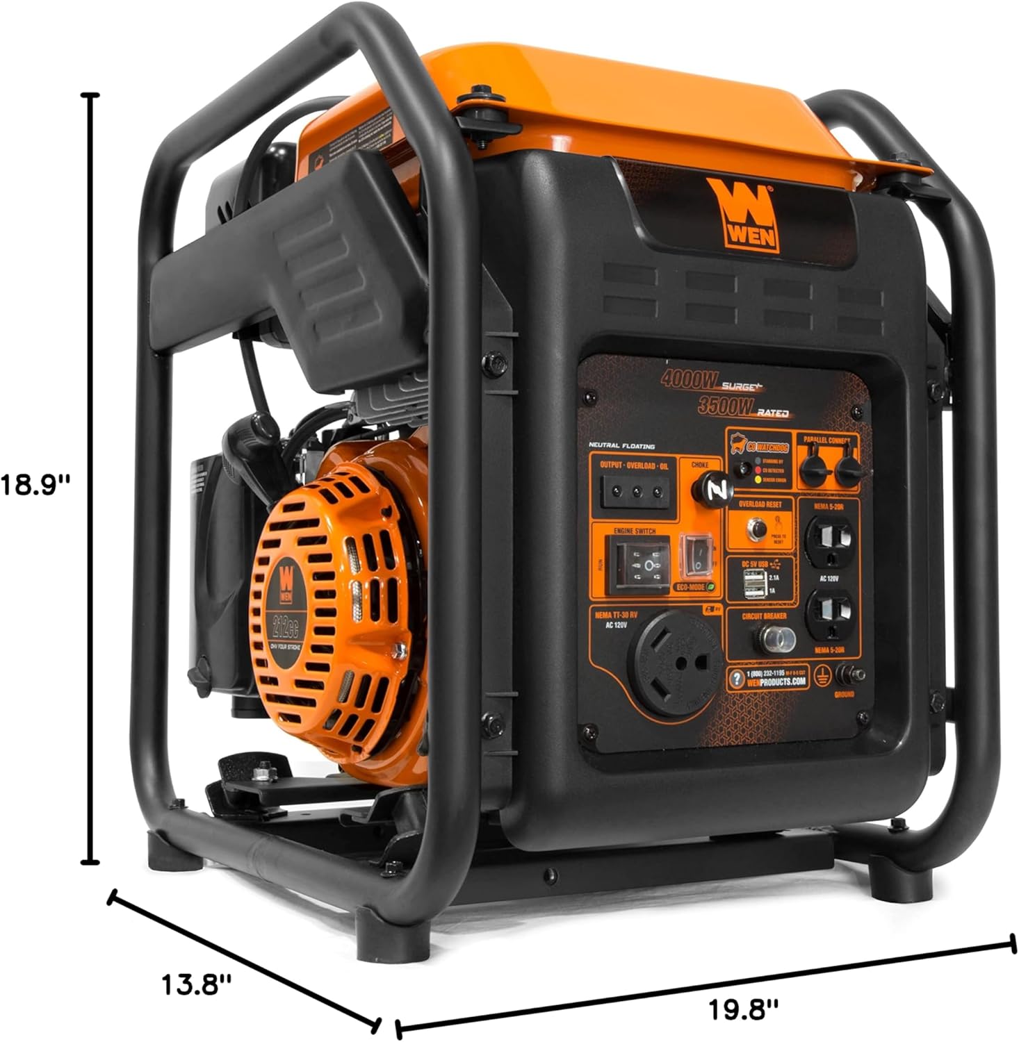 WEN GN400iX RV-Ready 4000-Watt Open Frame Inverter Generator with CO Shutdown Sensor, Black/Orange