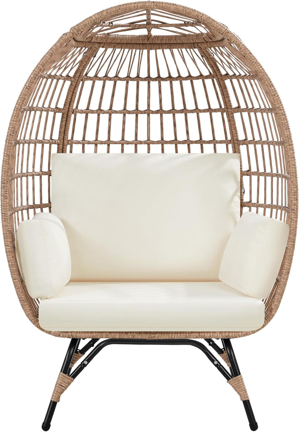 Yaheetech Egg Rattan Chair, Oversized Indoor/Outdoor Egg-Shaped PE Basket Lounger with 4 Cushions, Metal Frame Stand for Patio, Balcony, Backyard, Living Room, Light Brown/Ivory