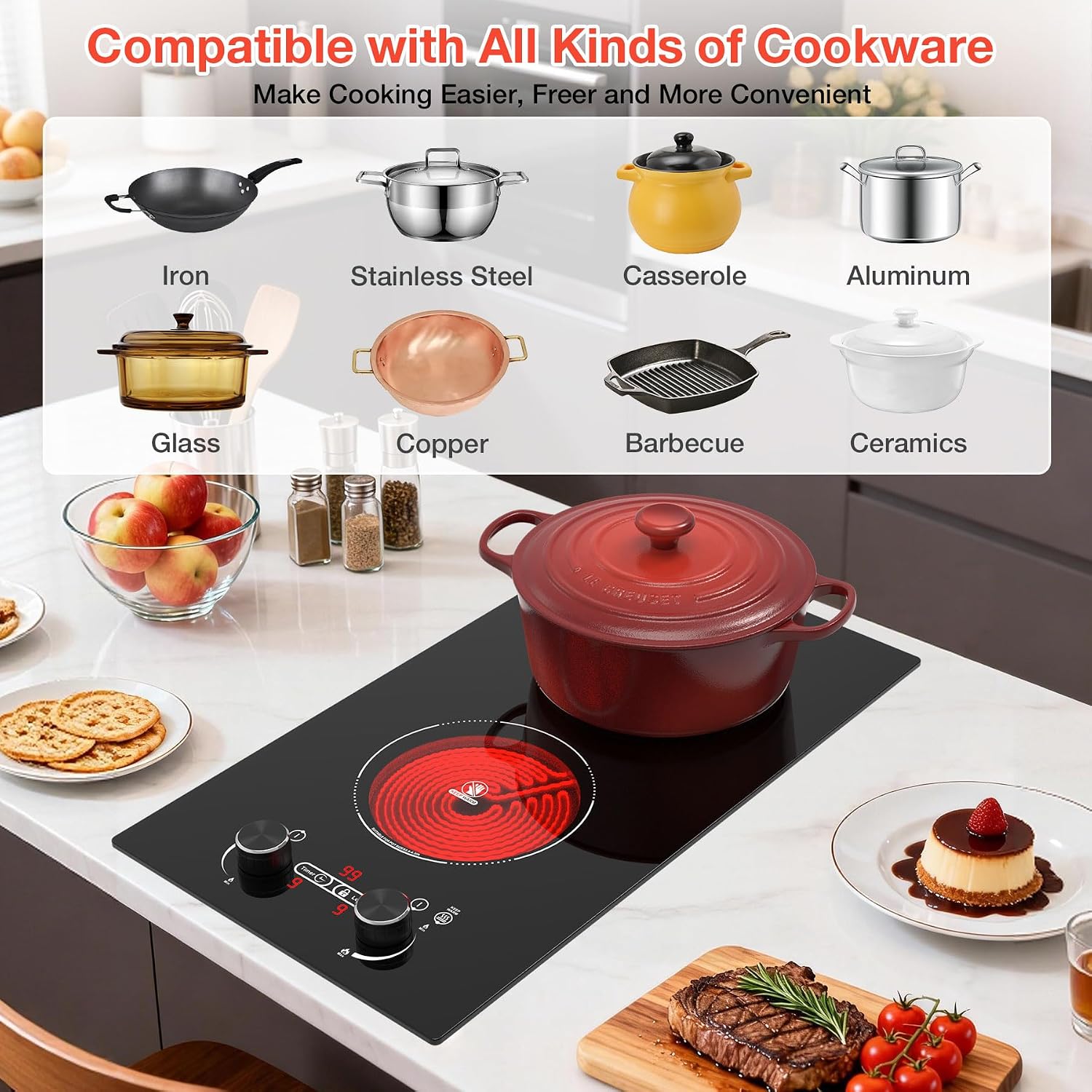 2 Burner Electric Cooktop, 12 Inch Built-in Ceramic Cooktop, 2100W Plug in Electric Stove Top with Knob Control, Keep Warm, 9 Heating Levels, Timer & Child Safety Lock, Over-Temperature Protection