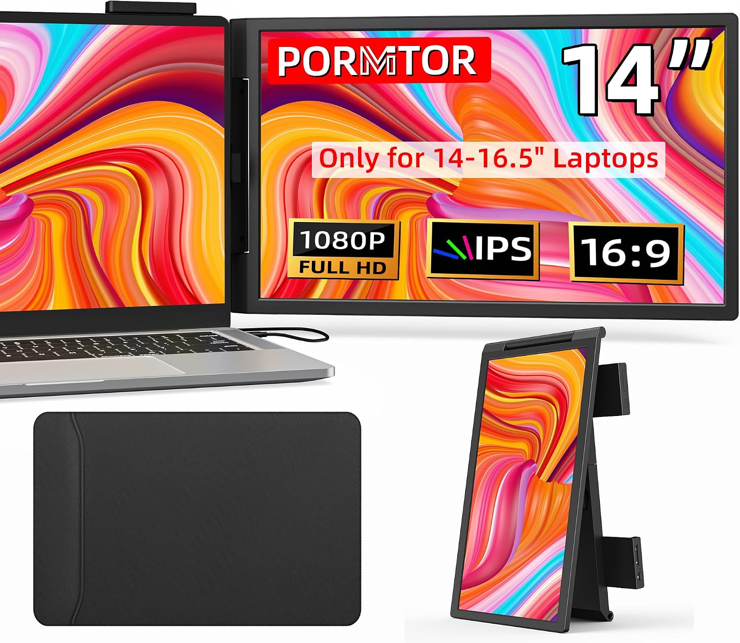 Laptop Screen Extender, 14' FHD IPS 1080P Portable Monitor for Laptop Mini HDMI/Type-C PC Display Extender Fits 14'-16.5' Laptops,Plug & Play for Windows/Mac/Android/Switch/PS5
