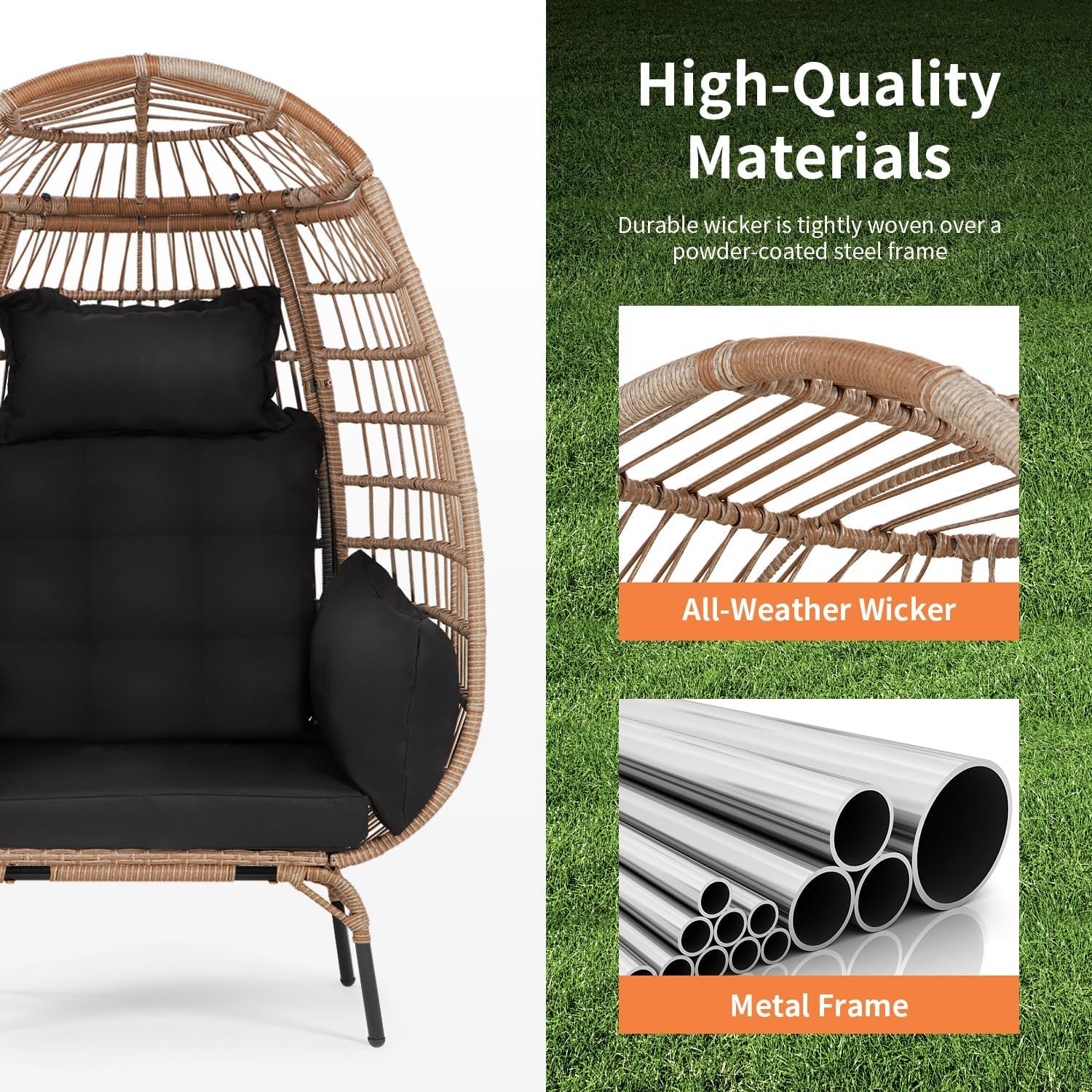 Oversized Egg Chair with Stand, Room Decor Aesthetic Reading Chair, Lounge Chairs for Outside Wicker Egg Chair, Outdoor Chairs Comfortable Rattan Chair, 352Lb Capacity Patio Chairs Outdoor Furniture