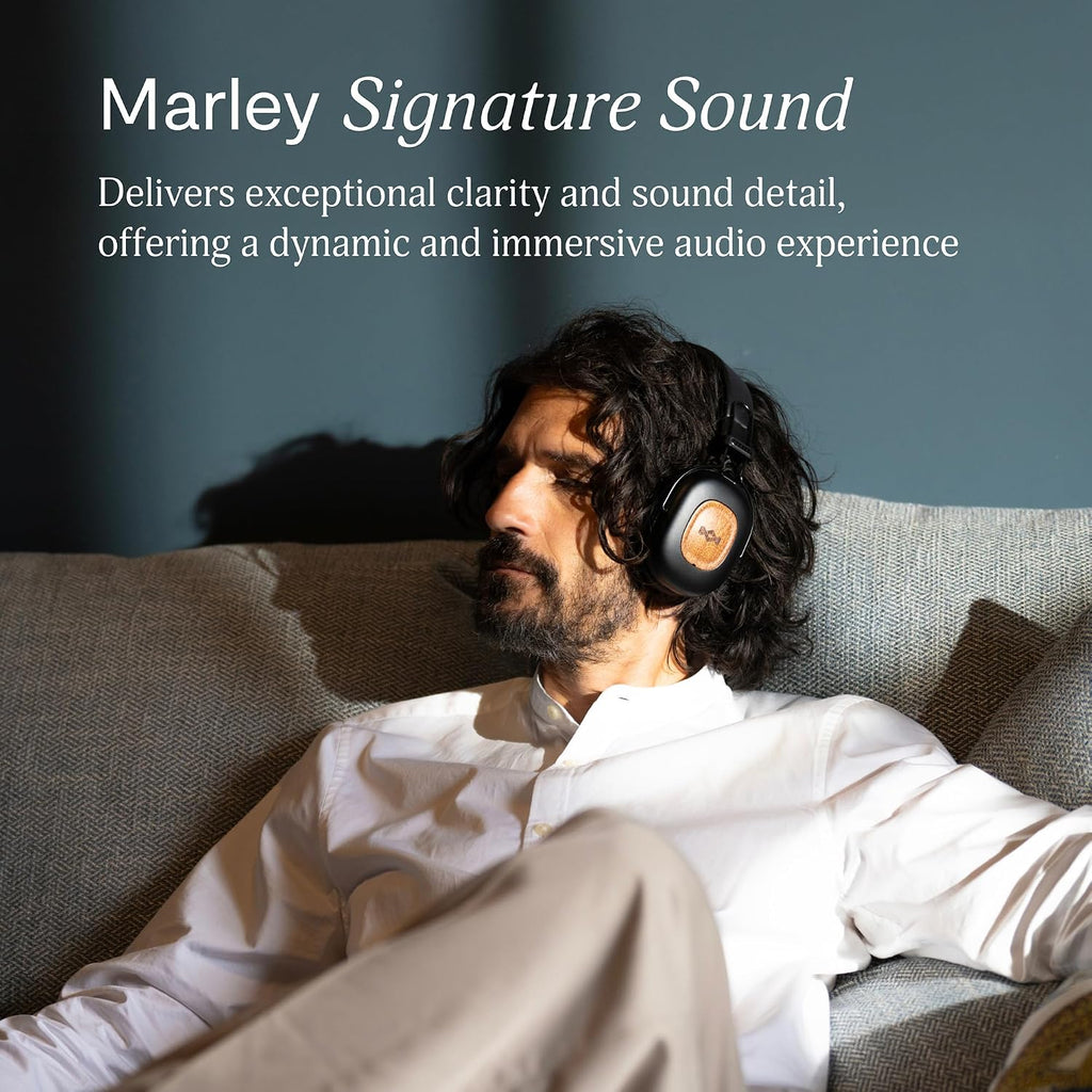 House of Marley Positive Vibration Rebel Wireless ANC Headphones - Over Ear Bluetooth Earphones with Adaptive Noise Cancelling, 130 H Playtime, IPX5, Sustainable Materials (Signature Black)