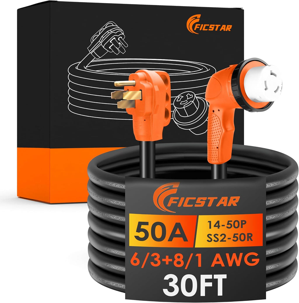 50 Amp RV Extension Cord 30 ft, Heavy Duty 6/3+8/1 SJTW AWG RV Power Cord with Grip Handle Twist Lock, NEMA 14-50P to SS2-50R with LED Indicator
