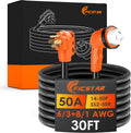 50 Amp RV Extension Cord 30 ft, Heavy Duty 6/3+8/1 SJTW AWG RV Power Cord with Grip Handle Twist Lock, NEMA 14-50P to SS2-50R with LED Indicator